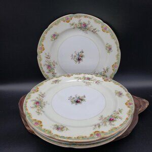 Rembrandt Luncheon Plates 9" Set of 4 Green Floral Gold Trim Vintage China